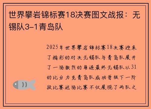 世界攀岩锦标赛18决赛图文战报：无锡队3-1青岛队