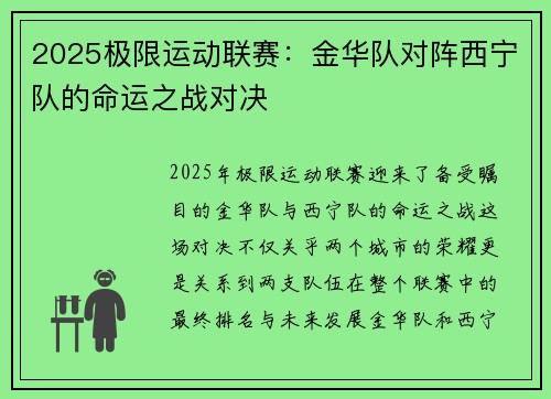 2025极限运动联赛：金华队对阵西宁队的命运之战对决